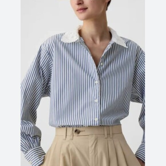 Gap x Doen blue striped shirt with lace collar size XS - Picture 1 of 4